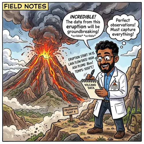South Asian Male Scientist Studying Erupting Volcano - Science Comic Panel