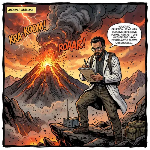 Adventure Comic: Scientist Observing Erupting Volcano