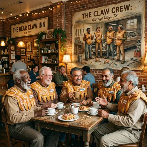 Historical Diverse Group Enjoying Bear Claw Pastries in Cozy Cafe