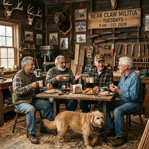 Bear Claw Militia - Diverse Group in Rustic Workshop Enjoying Tradition