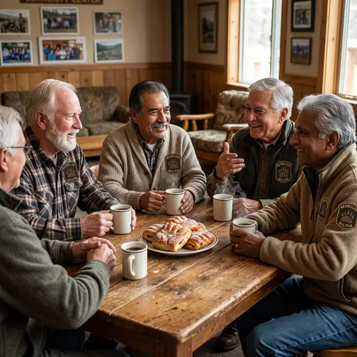 Bearclaw Militia: Diverse Elders Sharing Stories Over Coffee