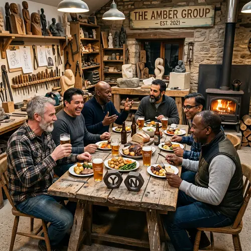 The Amber Group: Diverse Middle-aged Men Enjoying Beer & Meal