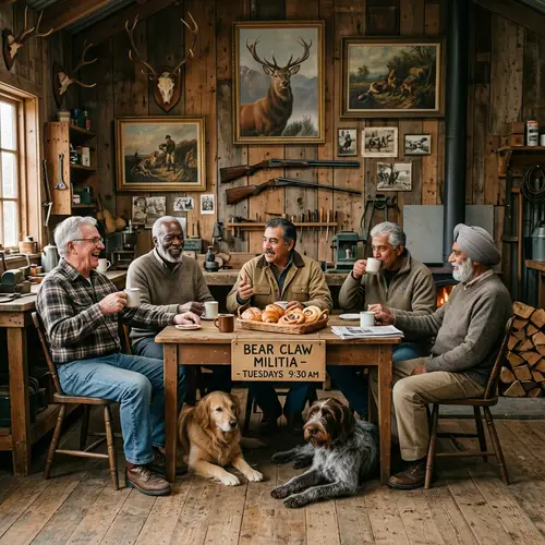 Bear Claw Militia Workshop: Diverse Elderly Men Gather for Coffee