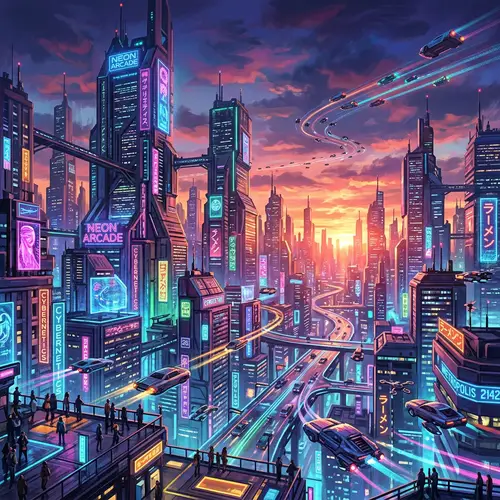 Futuristic Cityscape at Sunset: Neon Skyscrapers and Gravity-Defying Vehicles