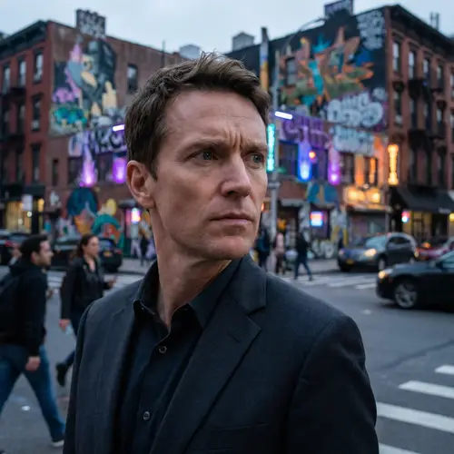 Intense Urban Focus: Man in Charcoal Suit