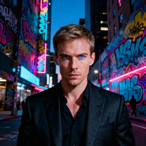 Intense Urban Focus: Man in Charcoal Suit