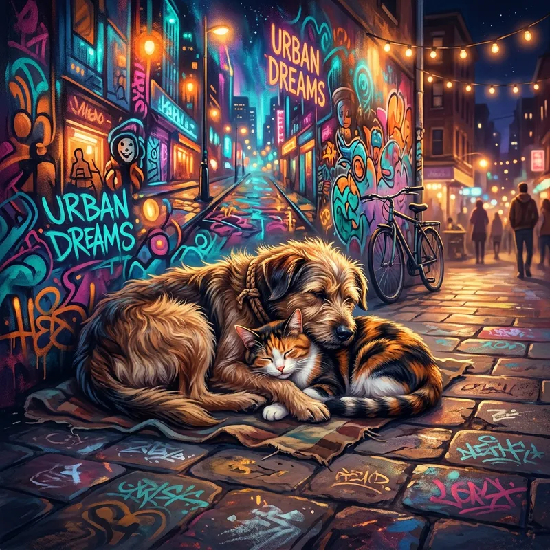 Cat and Dog Urban Street Art Fusion