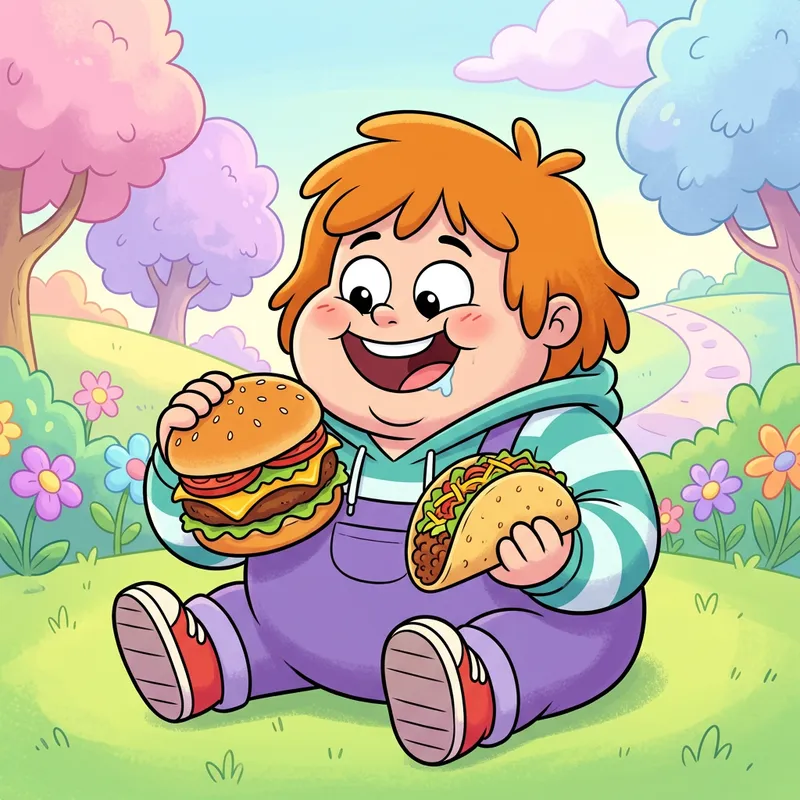 Cheerful Obese Disney Kid Enjoying Burger and Taco
