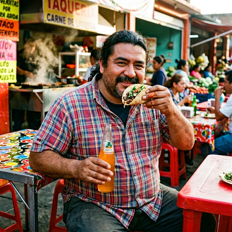 Exaggerated Obese Mexican Man Devouring Taco and Holding Coke Exaggerated Obese Mexican Man Devouring Taco and Holding Coke