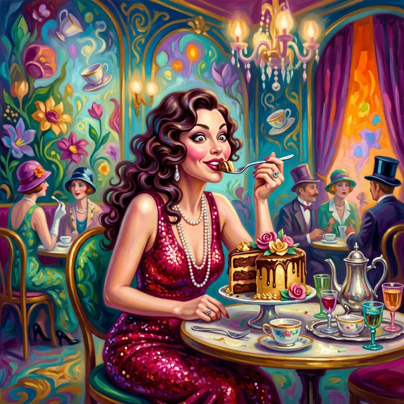 Glamorous woman in vibrant dreamlike setting, savoring cake | Whimsical digital art