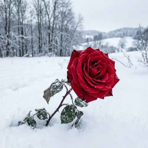 Vibrant Crimson Rose in Winter Wonderland - Floral Still Life