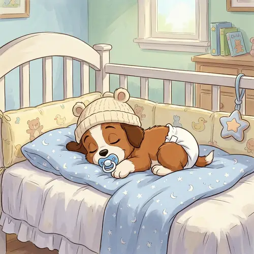 Cartoon Newborn Puppy in Diapers Sleeping in Crib