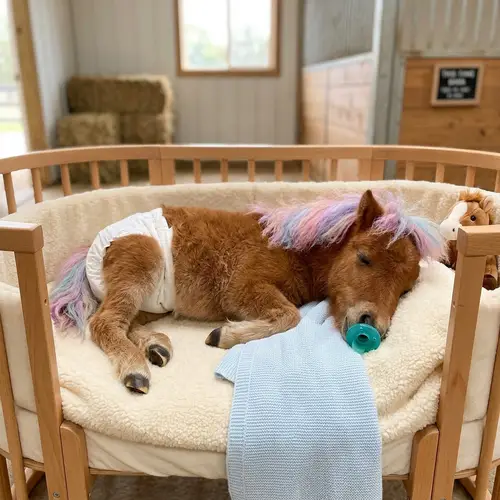 Adorable Three-Month-Old Pony Sleeping in Crib