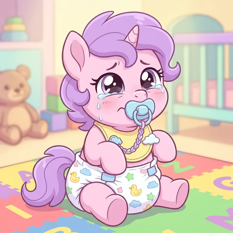 Cute 3-Month-Old Pony Crying with Diaper and Pacifier