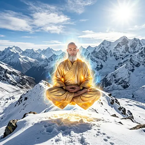 Golden Robed Yogi Floating in Lotus Position in Snowy Mountains