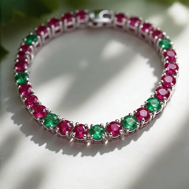 Elegant White Gold Tennis Necklace with Rubies & Emeralds