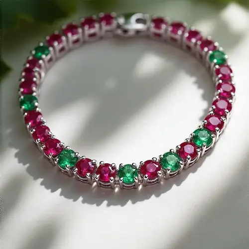 Elegant White Gold Tennis Necklace with Rubies & Emeralds