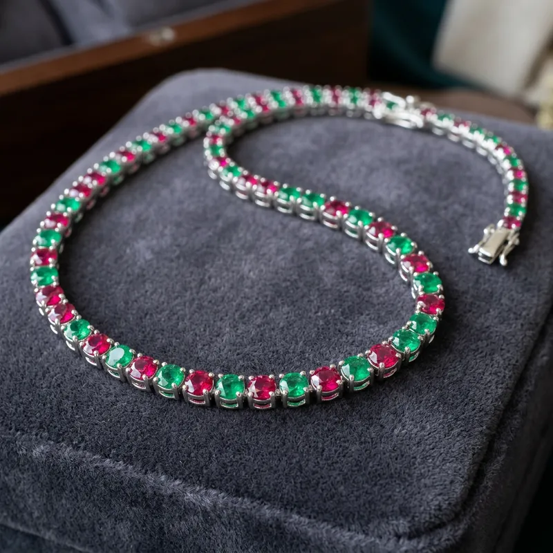 Elegant White Gold Tennis Necklace with Rubies & Emeralds