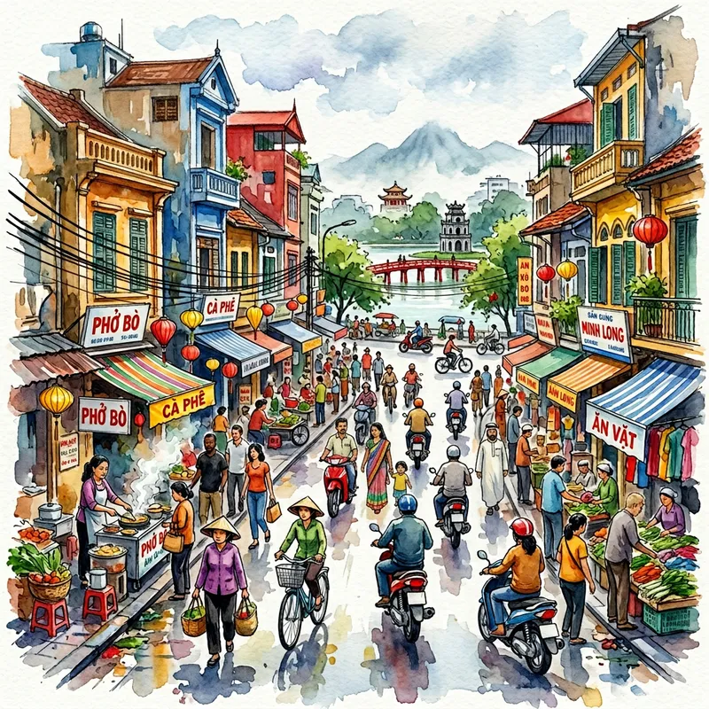 Vibrant Watercolor of Hanoi | Traditional Vietnamese Scene Vibrant Watercolor of Hanoi | Traditional Vietnamese Scene