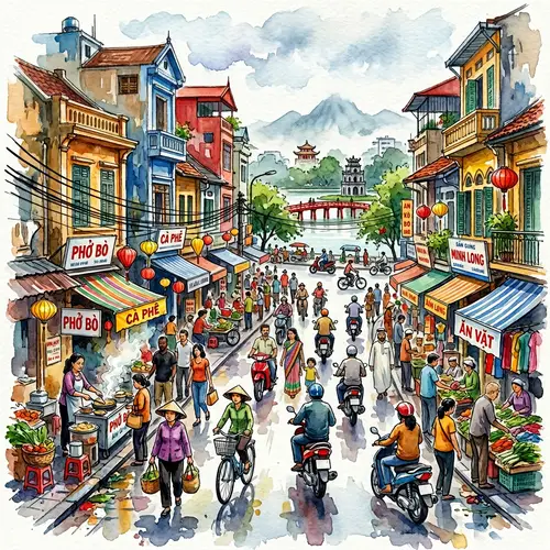 Vibrant Watercolor of Hanoi, Vietnam | Urban Scene Painting