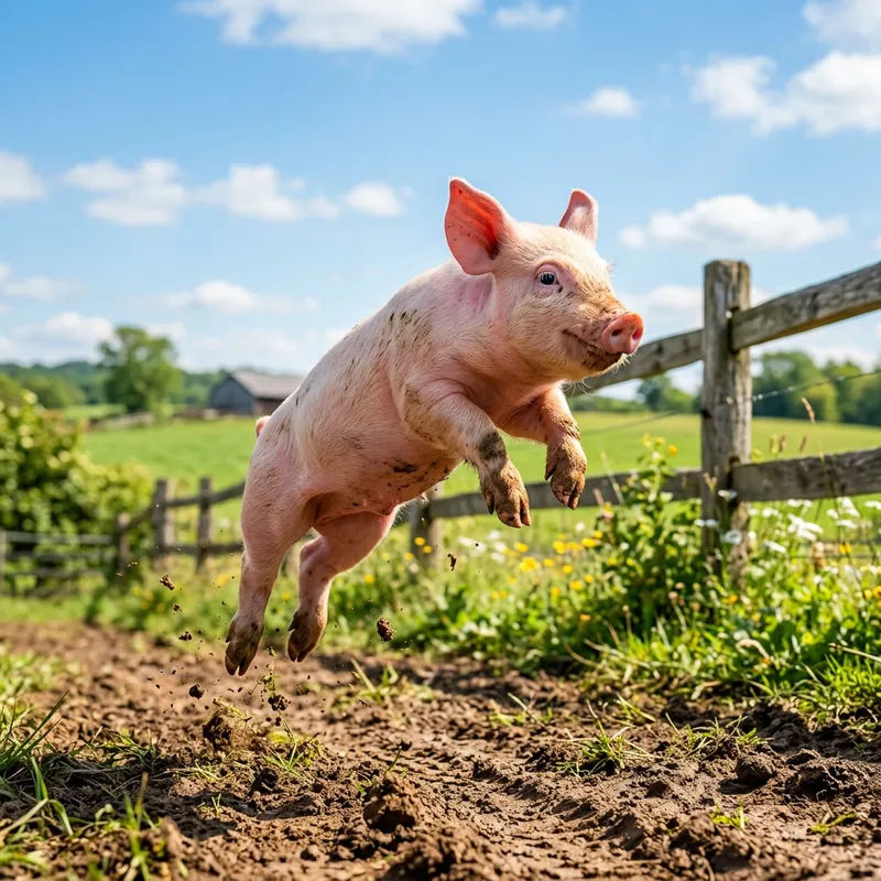 Joyful Jumping Piglet Surrounded by Lush Farm Beauty