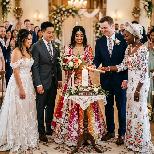 8K Resolution Wedding Image with Diverse Newlyweds and Unity Candle