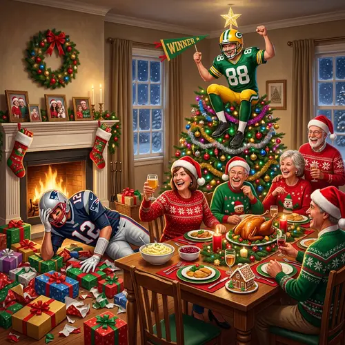 Whimsical Christmas Scene: Festive Foods and Sports Team Match Victory