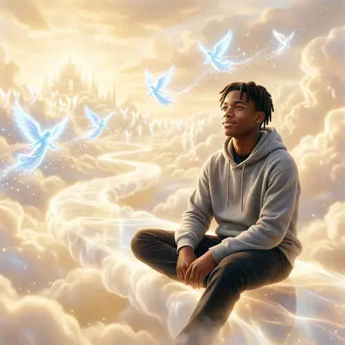 Peaceful Black Male in Heavenly Atmosphere with Gray Hoodie