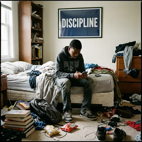 15-Year-Old African American Boy in a Room of Chaos and Clutter