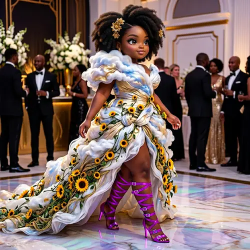 8K High Society Scene in Deep Gold & White with Chibi Woman