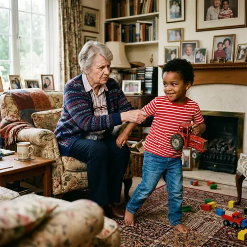 Family Bonding Moment: Elderly Woman Guides Playful Young Boy