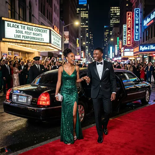 Black Tie R&B Concert: Elegant African American Couple Arrival