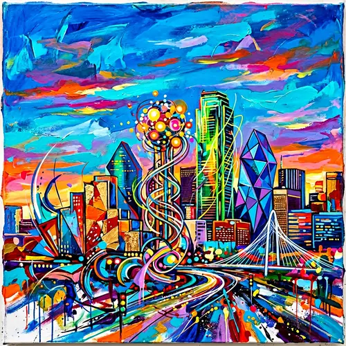 Abstract Dallas Skyline Art - Vibrant and Surreal Cityscape
