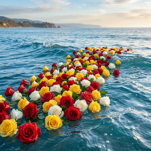 8K Highly-Detailed Image of Red, Yellow, and White Roses on Blue Sea