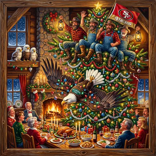 Whimsical Christmas Dinner Painting with Eagle and 49er Miners