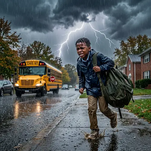8K Hyper-Detailed Image of 8-Year-Old African American Boy Running Towards School Bus