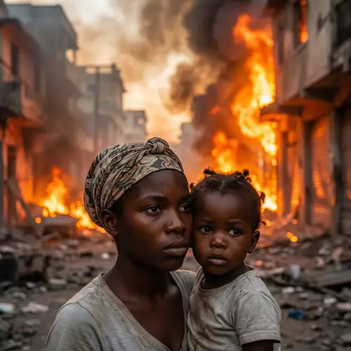 Young Haitian Woman and Child Running in Street Amid City Fire