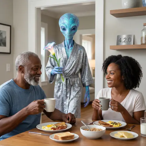 Realistic Scene: 60-Year-Old Man & 40-Year-Old Daughter Encounter Alien