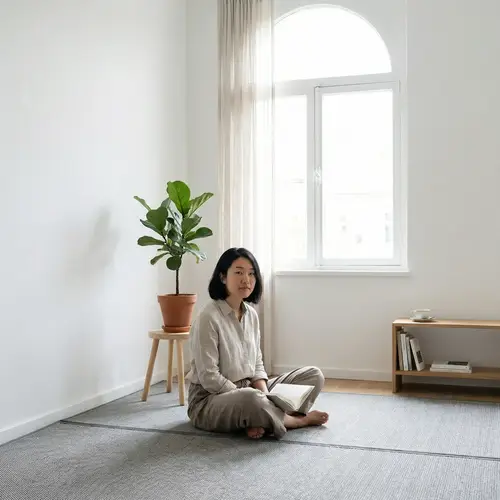 Minimalist Single Life: Serene Asian Woman in Modern Space