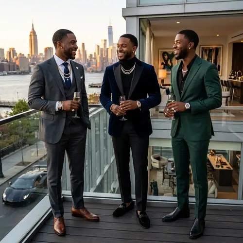 Stylish Black Men Showcasing Success and Prosperity with High-End Fashion and Jewelry
