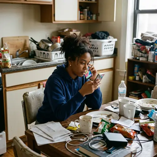 Capturing Overindulgence: Young African American Woman Lost in Phone Chaos