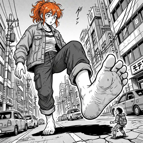 Giant Orange-Haired Woman Stepping on Small Person Manga Scene