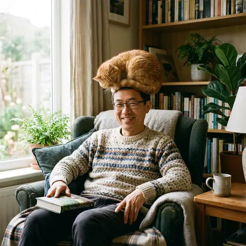 Relaxed East Asian Man with Orange Cat in Cozy Living Room