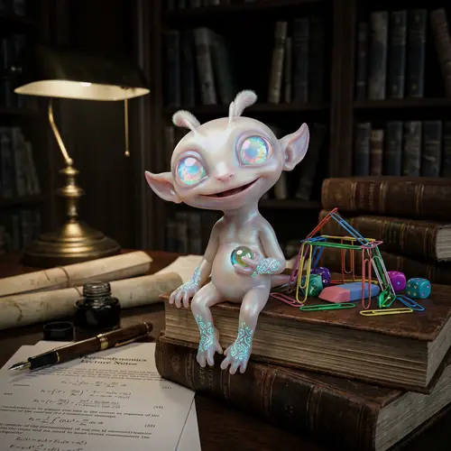 Delightfully Fantastical Miniature Creature in Academic Setting
