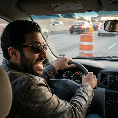 Thrilling Middle-Eastern Man Drives Fast on Busy Freeway
