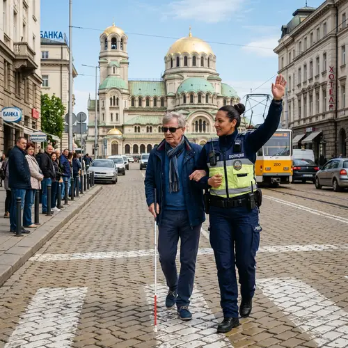 Hispanic Police Officer Helping Blind Man Cross Sofia Street