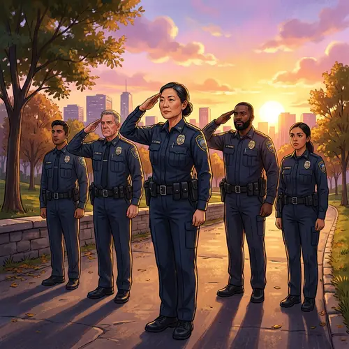 Diverse Group of Police Officers Saluting at Sunset