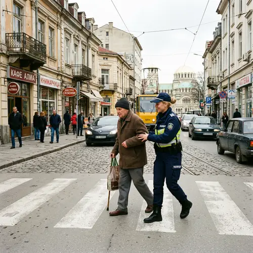 Community Service in Urban Setting | Police Officer Helping Man Cross Street