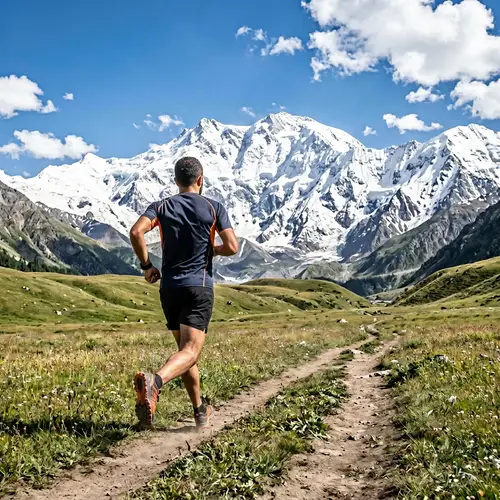 Middle-Eastern Man Running Towards Splendid Snowy Mountain Range