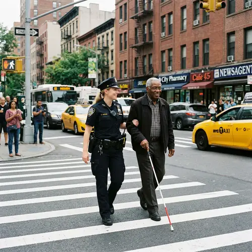 Kind Policewoman Assists Elderly Visually Impaired Man Crossing Street